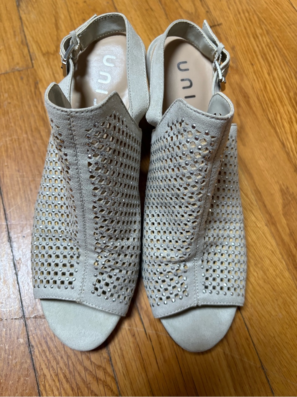 Unisa Taupe Perforated Open-Toe Faux Suede Slingback Mules with Stud Accents